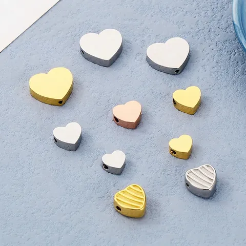 Mirror Polish Stainless Steel Heart Beads For DIY Jewelry Making Striped Smooth Metal Peach Heart Charms Accessories