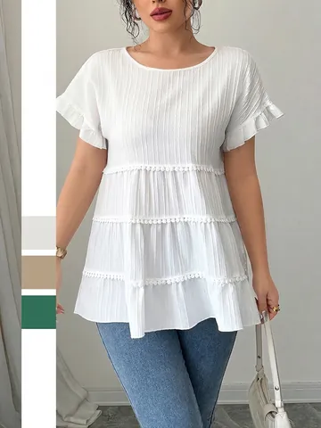 Women Textured Tiered Blouse Short Ruffle Sleeve Elegant Layered Top With White Lace Pom Pom Trim Solid Color Pullover