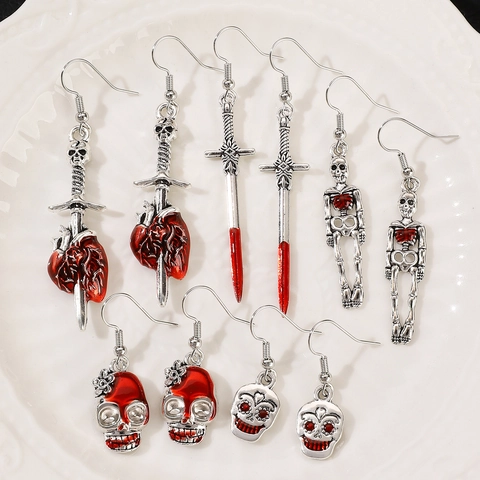 Boucles D'oreilles Halloween Gothiques Crâne Cœur Épée Squelette Bijoux En Alliage Avec Tige En Acier Inoxydable Punk