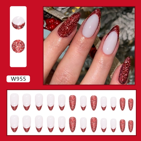Wine Red Glitter Press On Nails Long Almond Shape French Tip Artificial False Fingernails For Women Festive Party Style