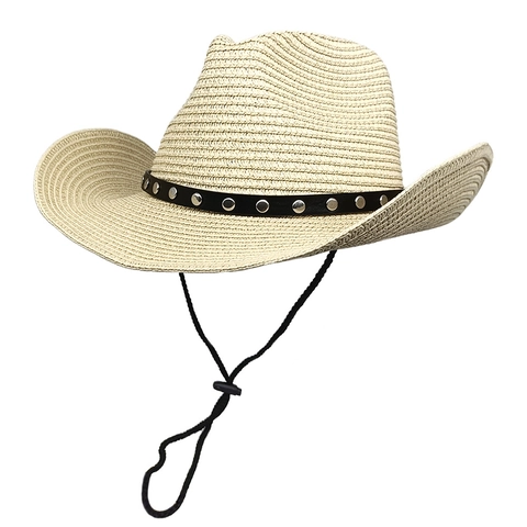 Chapeau De Cowboy En Paille À Bord Large Protection Solaire Été Plage Jazz Avec Bande Rivet Et Corde Coupe-Vent Réglable Femme