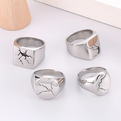 Herren Siegelring Edelstahl Rissmuster Geschwärzt Punk Vintage Breites Band Geometrischer Schmuck