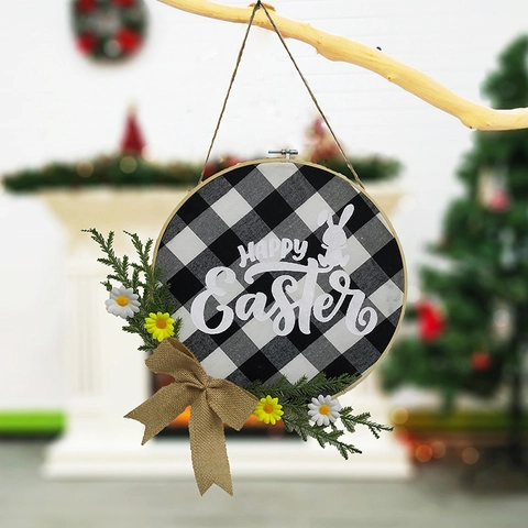 Couronne de Porte de Pâques en Tissu à Carreaux Buffalo Noir et Blanc Cerceau en Bambou Motif Lapin Marguerite Plantes Artificielles Décor