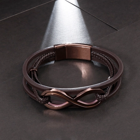 Bracciale In Pelle Intrecciata Multistrato Con Simbolo Dell'infinito In Acciaio Inossidabile Chiusura Magnetica Gioielli Uomo