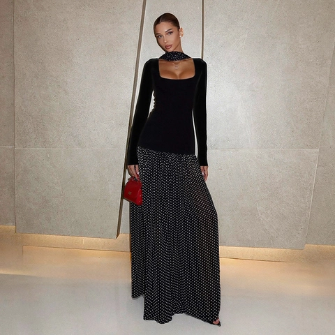 Patchwork Maxikleid Samt Quadratischer Ausschnitt Langarm Polka Dot Print Hohe Taille Elegante Abendrobe Damen