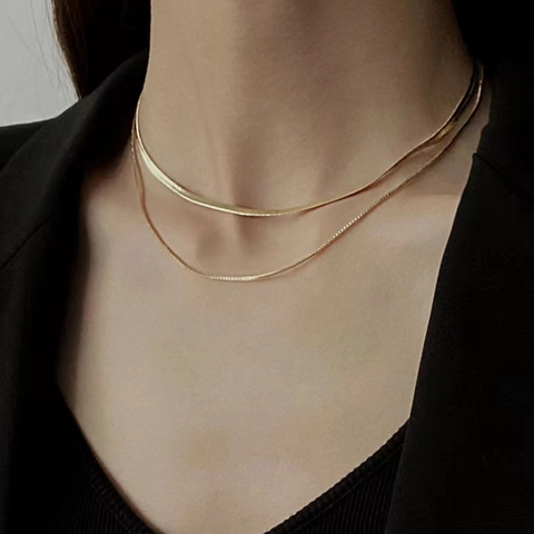 Double Layer Herringbone Flat Snake Chain Necklace Titanium Steel 18K Gold Plated Minimalist Elegant Jewelry Women