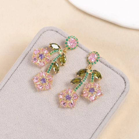 Colorful Zircon Flower Dangle Earrings With 925 Sterling Silver Earring Post Copper Gold Plated Elegant Floral For Women