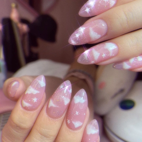 Uñas Press On Rosas Con Nubes Blancas Y Purpurina Plateada Patrón De Estrellas Forma De Almendra Uñas Postizas Brillantes Para Mujeres Estilo Dulce