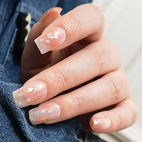 Nude Pink Gradient Press On Nails Icy Transparent Short Square False Nails With Gold Silver Foil Gentle Style For Women