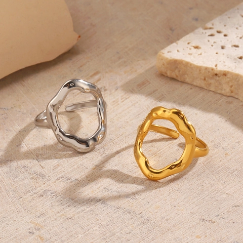 Irregular Geometric Hollow Oval Open Ring Stainless Steel 18K Gold Plated Lava Liquid Metal Minimalist Adjustable Style