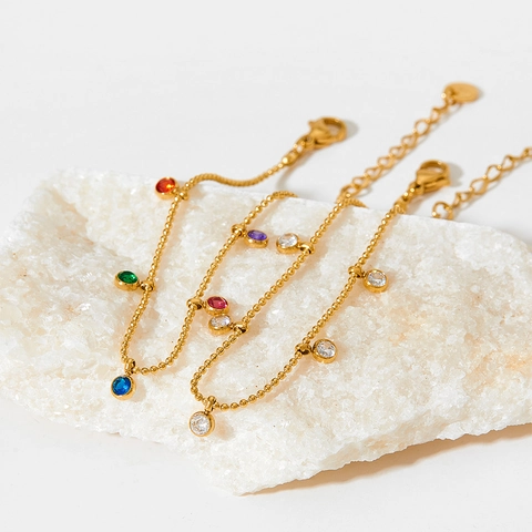 Edelstahl Regenbogen Zirkonia Fußkettchen Für Damen Runde Bunte Zirkon Zierliche Perlenkette Fußschmuck Verstellbar