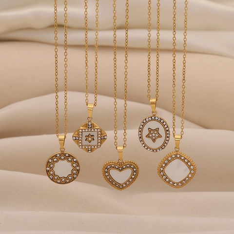 Stainless Steel Mother Of Artificial Pearl Shell Star Heart Square Geometric Pendant Necklace Gold Rhinestone Jewelry For Women