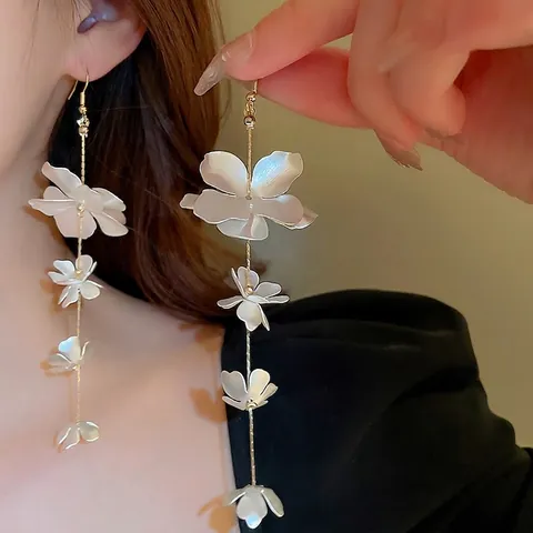 Long Tassel Flower Earrings White Layered Petals Alloy Dangle Drop Elegant Fairy Style For Women Party Wedding