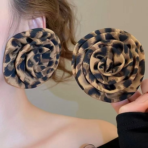 Leopard Print Rose Flower Oversized Earrings With 925 Sterling Silver Earring Post Cloth Fabric Exaggerated For Women