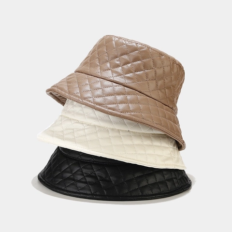 Quilted Bucket Hat PU Leather Diamond Lattice Warm Winter Outdoor Fashion Casual Flat Top Short Brim For Women