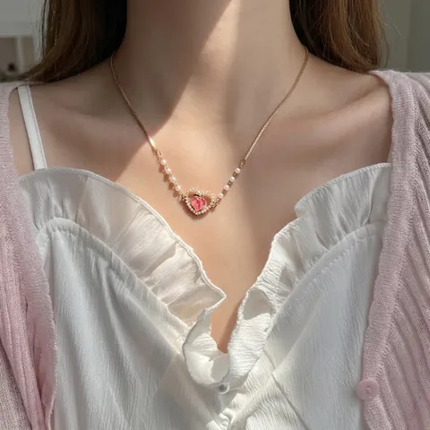 Joyas Collar Pulsera Colgante Melocotón Corazón Dulce Aleación Perla Artificial Imitación Ajustable Accesorios Elegantes Mujer