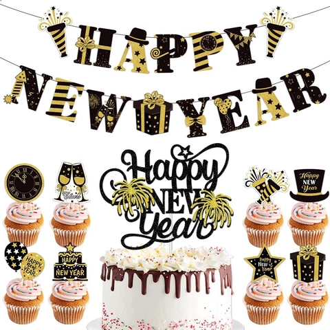 Striscione Happy New Year E Decorazioni Per Torte Carta Luccicante Per Festa Di Capodanno Casa Finestra Ornamento Festivo