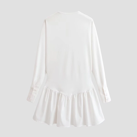 White Long Sleeve Henley Mini Dress With Ruffle Hem Round Neck Solid Polyester Elegant Casual For Women