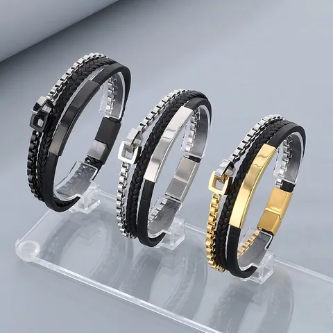 Bracciale Multistrato Uomo Acciaio Inossidabile Corda Pelle Intrecciata Chiusura Magnetica Stile Punk Industriale