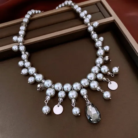 Collier En Künstliche Perles De Verre Style Français Vintage Avec Grand Pendentif En Cristal Goutte Et Disques De Gland En Alliage