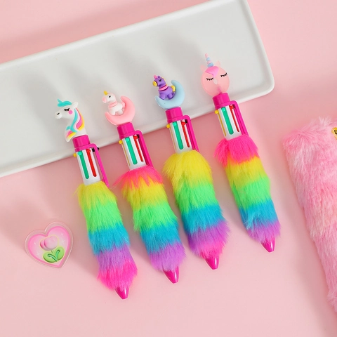 Kawaii Unicorn Multi Color Ballpoint Pen Rainbow Plush Barrel Cartoon Moon Topper Cute Stationery For Kids Students