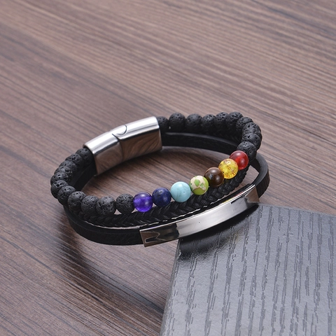 Bracciale Multistrato In Pelle E Pietra Naturale Lava Occhio Di Tigre Chiusura Magnetica In Acciaio Inossidabile Gioielli Da Uomo