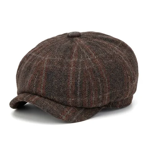 Casquette Plate Homme Rétro Mélange Laine Motif Chevrons Carreaux Chaude Automne Hiver Style Britannique Réglable