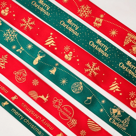 Christmas Ribbons Gold Stamping Polyester Satin For Holiday Gift Wrapping Cake Decoration Merry Christmas Patterns DIY Crafts Party Decor