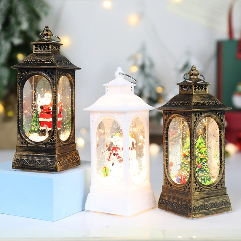 Vintage Christmas Wind Lantern LED Night Light Plastic Luminous Snow Globe With Santa Snowman For Tabletop Home Decor