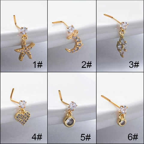 Piercing al Naso in Acciaio Inossidabile a L per Donna Zirconia Pendente Oro Argento Stella Luna Cuore Gioielli Regalo