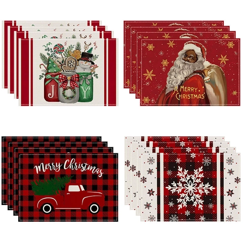 Christmas Placemats Waterproof Linen Polyester Heat Resistant Non Slip Holiday Dining Table Decor Santa Reindeer Print