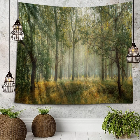 Tapiz De Paisaje De Bosque Natural Colgante De Pared Poliéster Impresión 3D Amanecer Bosque Brumoso Para Decoración De Dormitorio
