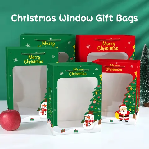 Sacchetto Regalo Di Natale Cartoncino Bianco Finestra Trasparente Manico Nastro Stampa Buon Natale Confezione Festa