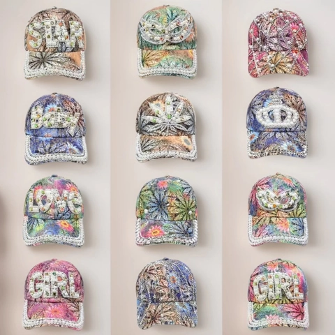 Cappellino da Baseball da Donna alla Moda con Stampa Floreale Strass Lucidi Perla Artificiale Lettera STAR LOVE BABY GIRL Corona Foglia Gioiello