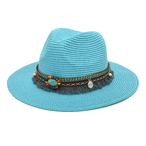 Bohemian Straw Fedora Hat Ethnic Beaded Band Turquoise Tassel Sun Protection Summer Vacation Beach Sunshade Accessory