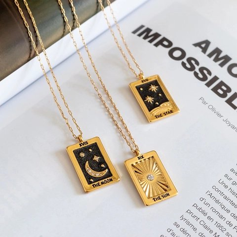 Tarot Card Pendant Necklace 18K Gold Plated Copper Enamel Zircon Sun Moon Star Vintage Bohemian Mystical Jewelry Women