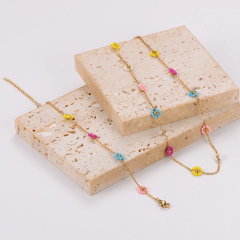Parure Collier Et Bracelet Fleur De Marguerite Pastorale Pour Femmes Acier Inoxydable 304 Plaqué Or Perles Colorées