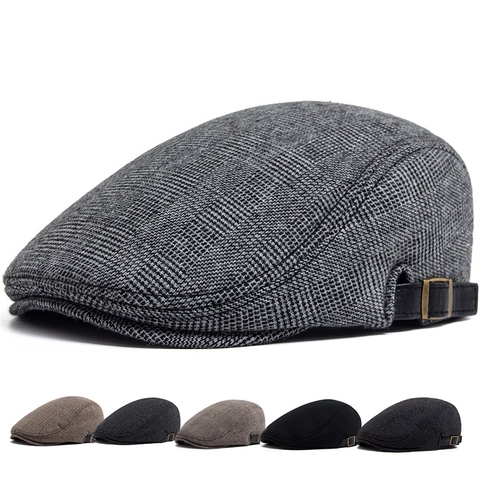 Vintage Herren Schiebermütze Wolle Winter Warm Flat Cap Verstellbare Karomuster Fischgrätenmuster Baskenmütze Britischer Stil
