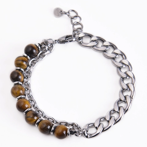 Double Layer Natural Stone Beads Bracelet Stainless Steel Link Chain Adjustable Punk Fashion Jewelry For Men Unisex