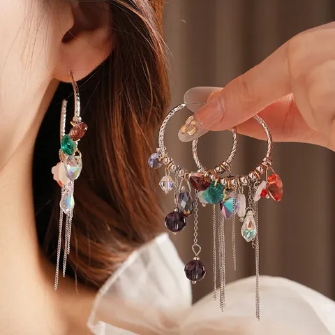 Vintage Ethnic Heart Crystal Tassel Earrings With Silver Earring Post Boho Multi-color Drop Dangle For Women