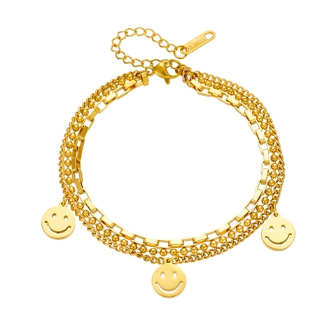Bracelet Multi Rangs Acier Inoxydable Plaqué Or Plusieurs Couches Chaîne Perles Pendentif Sourire Rond Bijoux Pour Femmes