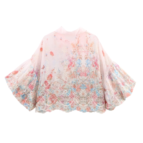 Blusa De Gasa Con Bordado Floral Para Mujer Dulce Manga Abullonada Cuello Solapa Rosa Camisa Corta