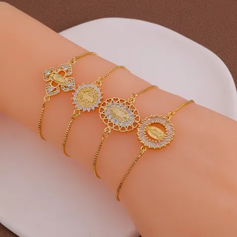 Bracciale Religioso Vergine Maria Ottone Placcato Oro 18K Micro Incastonato Zircone Bianco Catena Regolabile Gioielli Donna