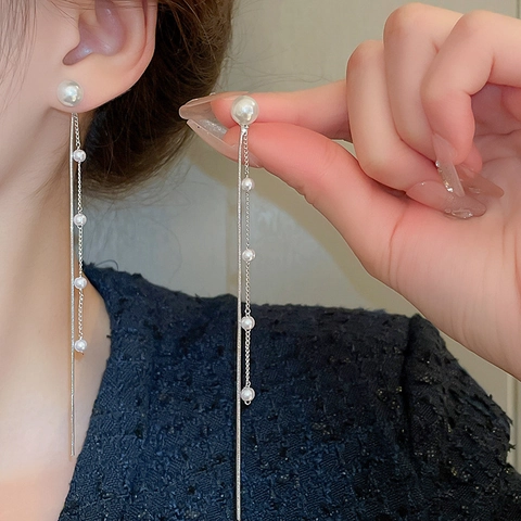 Lange Künstliche Perlen Quasten Ohrringe Mit Silbernem Ohrstecker Elegante Kette Schmuck Für Frauen Süßer Stil