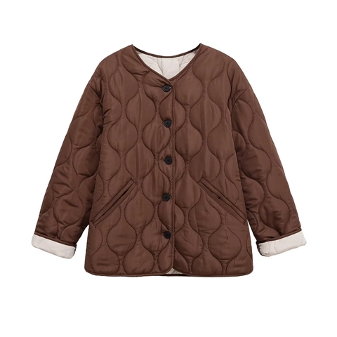 Women European Style Deep Brown Onion Quilted Jacket Round Neck Long Sleeve Single Breasted Coat Solid Color Outerwear