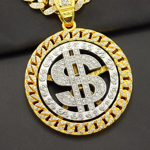 Dollar Sign Pendant Necklace Alloy Rhinestone Encrusted Rotating Two Tone Cuban Chain Hip Hop Streetwear Unisex