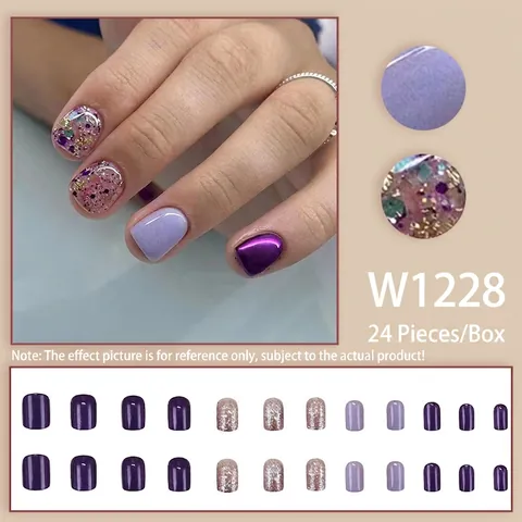 Press On Nails Purple Glitter Shiny Sequins Starlight Removable Short Square Round Fake Nails For Women Wearable
