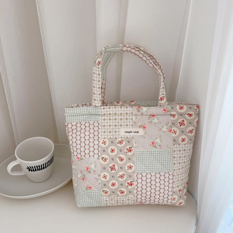 Sac À Main En Coton Matelassé Floral Petit Tote Vintage Français Littéraire Léger Pratique Femmes Quotidien