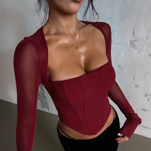 Top De Corsé Sexy Para Mujer Manga Larga De Malla Cuello Cuadrado Ajustado Cremallera Patchwork Blusa Vintage Casual