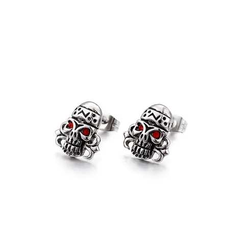 Vintage Skull Stud Earrings 316L Stainless Steel Punk Gothic Red Rhinestone Eyes Skeleton Head Jewelry For Men
